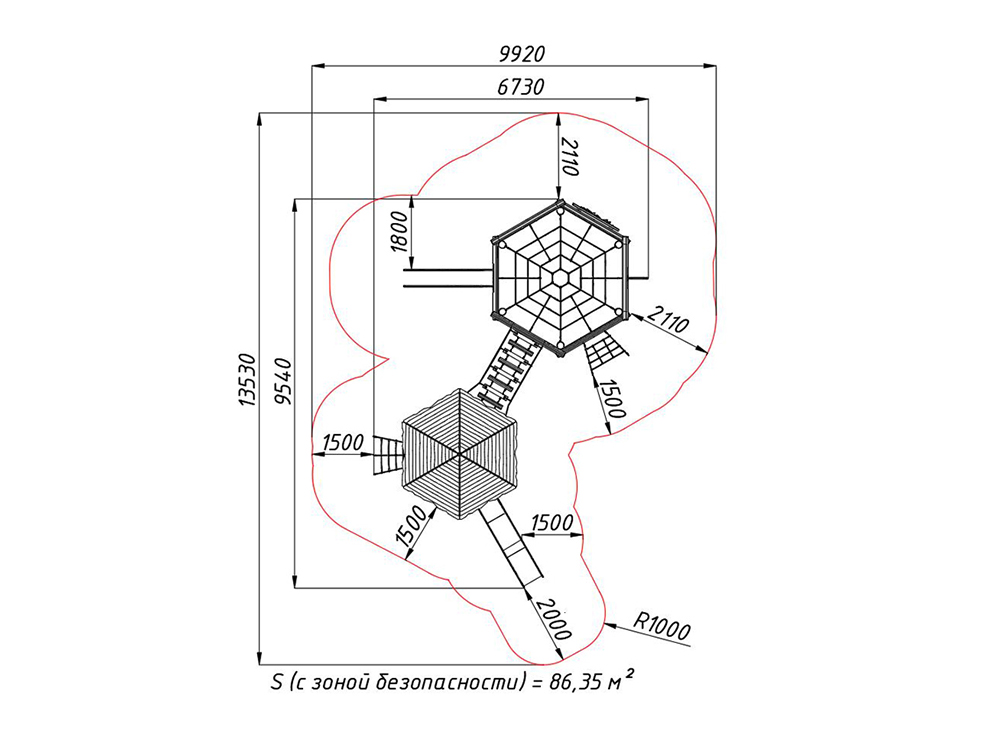 Игровая башня с переходом, сетками и горкой